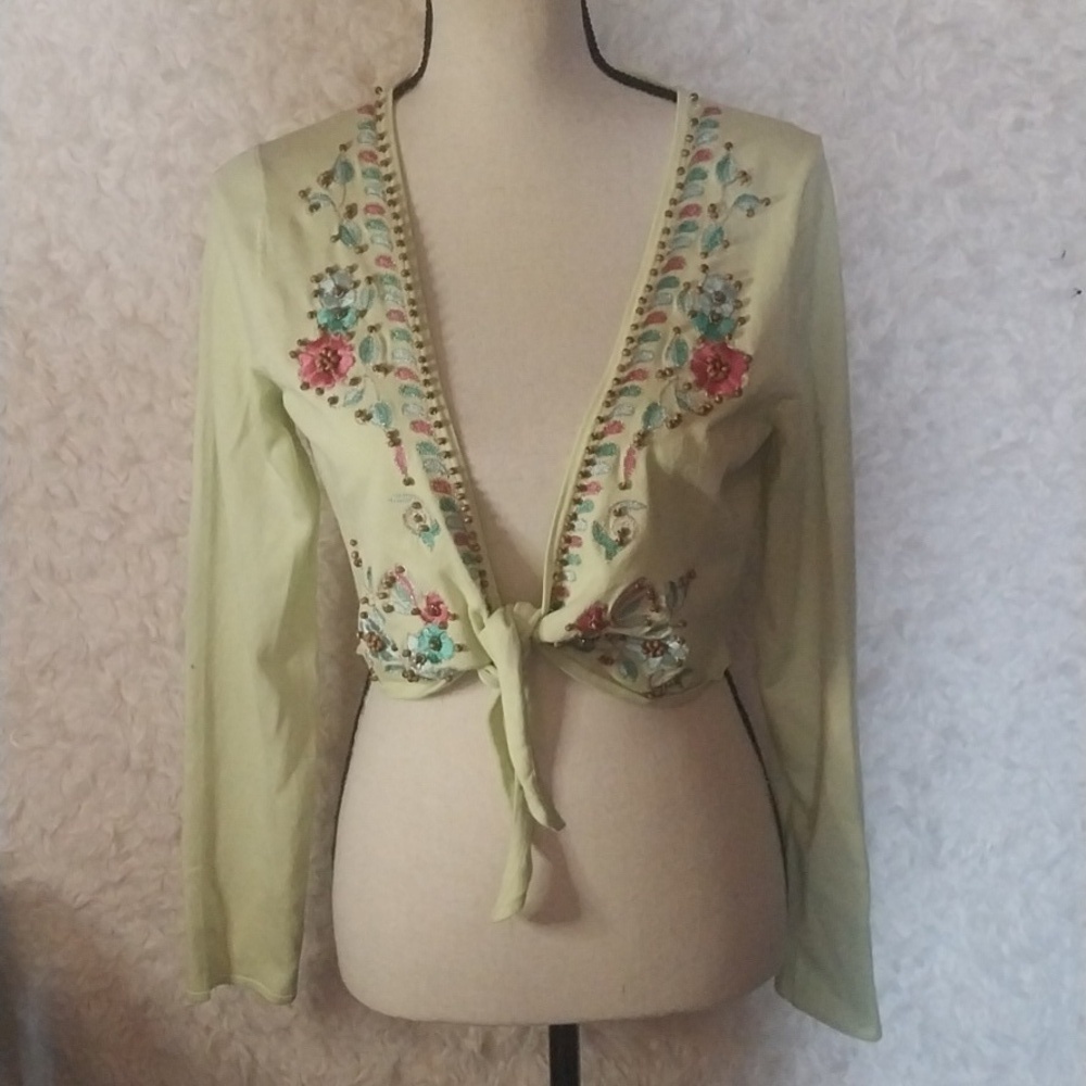 Evie Silk Knit Beaded Tie Front Cardigan Size Large Cottagecore Boho Feminine